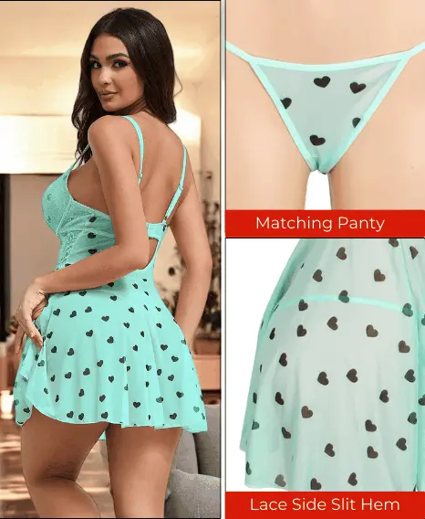 Love Salve Lingerie Heart Printed Lace Mesh Push up Night Dress - Love Salve